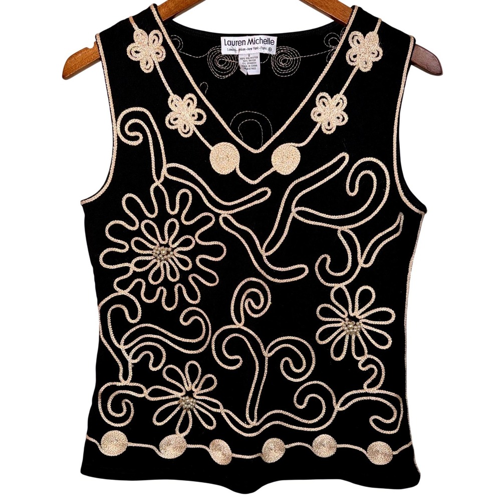 Lauren Michelle Embroidered Knit Top Womens S Black Beaded Floral V Neck Stretch
